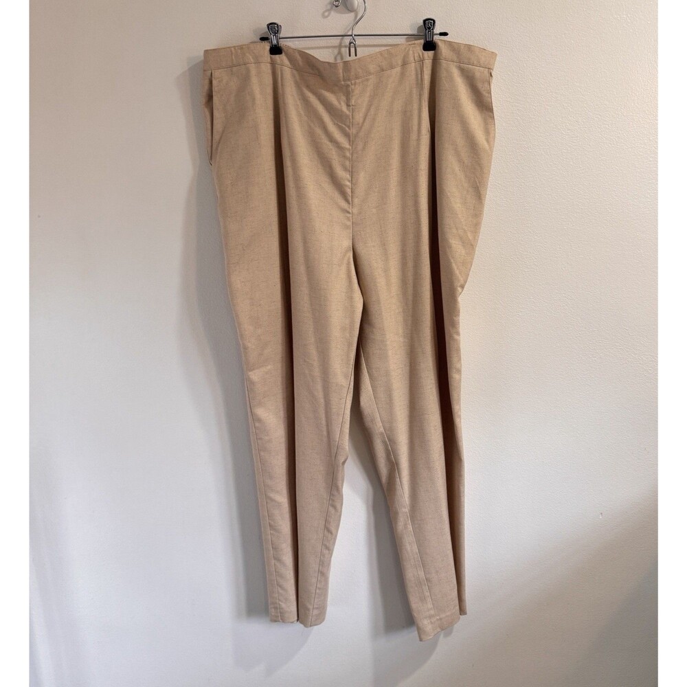 Alfred Dunner Pants 24W Linen Blend Pull On Elastic Waist Straight Leg Tan Beige